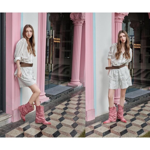 Women's Pink Leather Vintage Retro Mid Calf Chunky Heels Western Cowgirl Boots - Picture 4 of 8